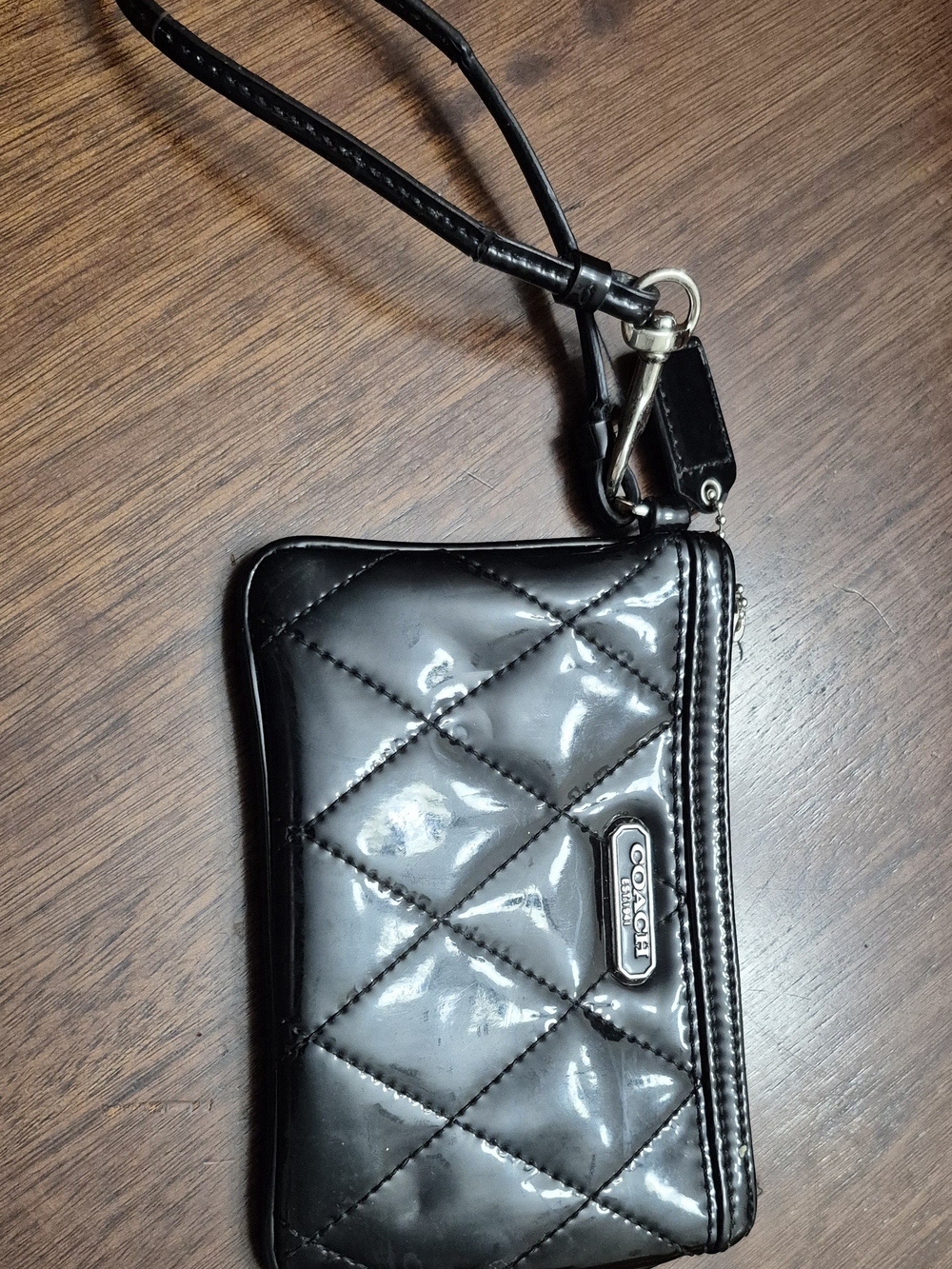 Coach Black Quilted Patent Leather Wristlet Card Pouch with Strap